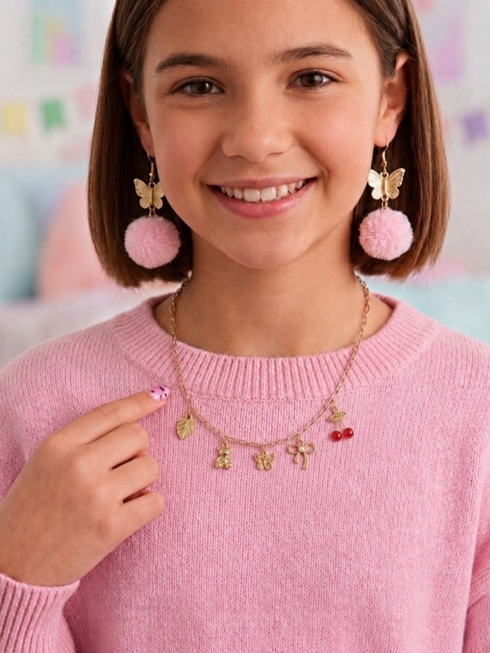 NWT Capelli New York Girls Butterfly Pom Pom Earring & Charm Necklace Set Pink